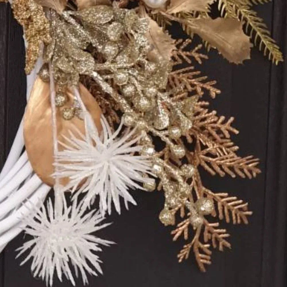 Christmas Holiday Handmade Gold White Wreath Home Office Decor Door Wall Hanger